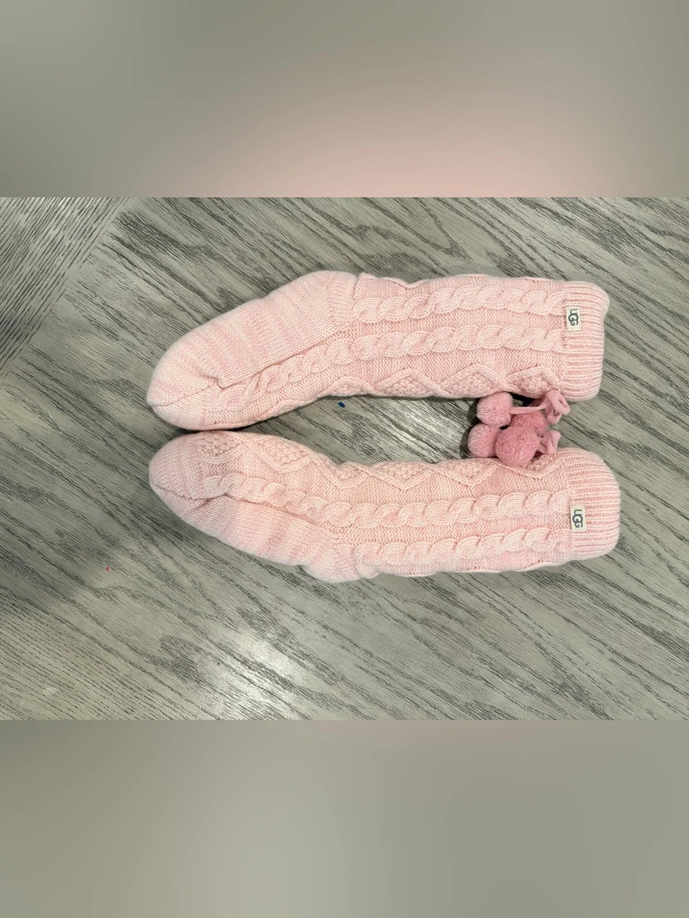 UGG Pink Cable Knit Pom Pom Cozy Slipper Socks One Size